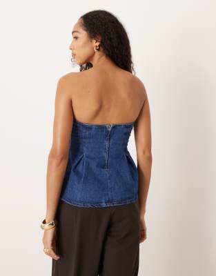 Asos Design Denim Bandeau Top With Pleated Peplum In Blue