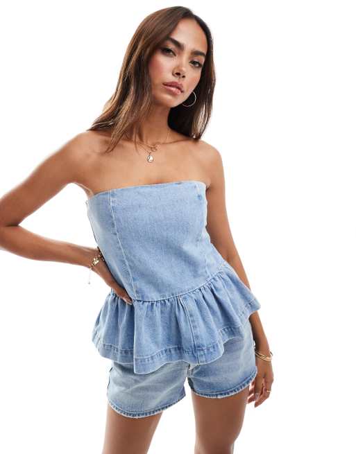 Asos Design - Denim Bandeautop Met Lage Taille In Gebleekte Wassing 