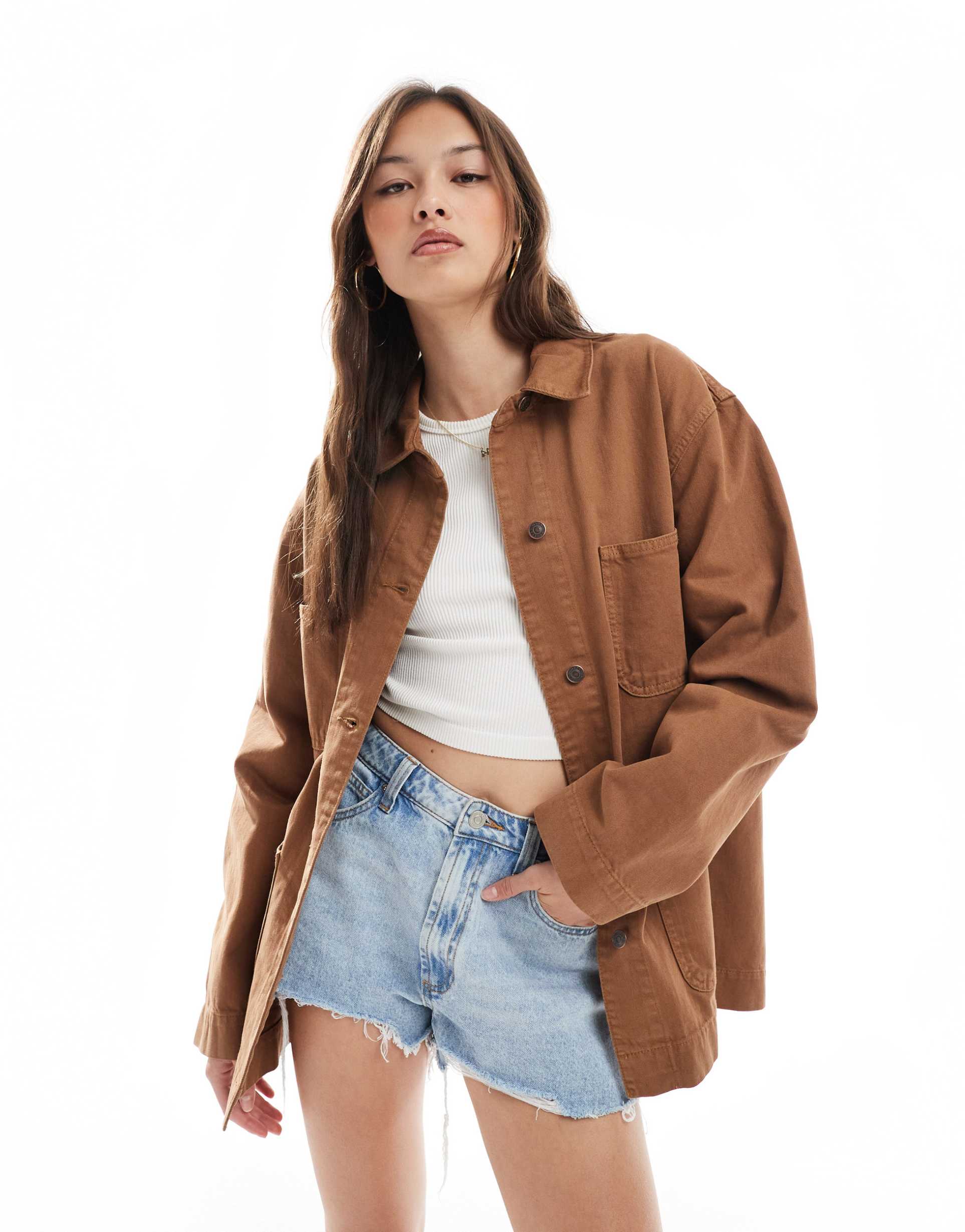 asos design denim barn jacket in caramel