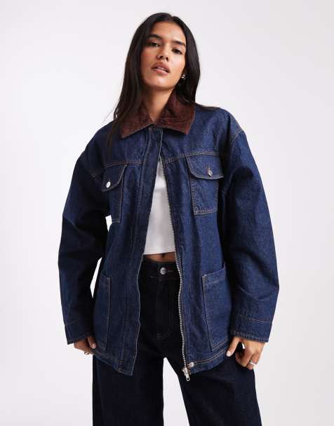 ASOS DESIGN denim barn jacket in rinse with contrast collar - view 1