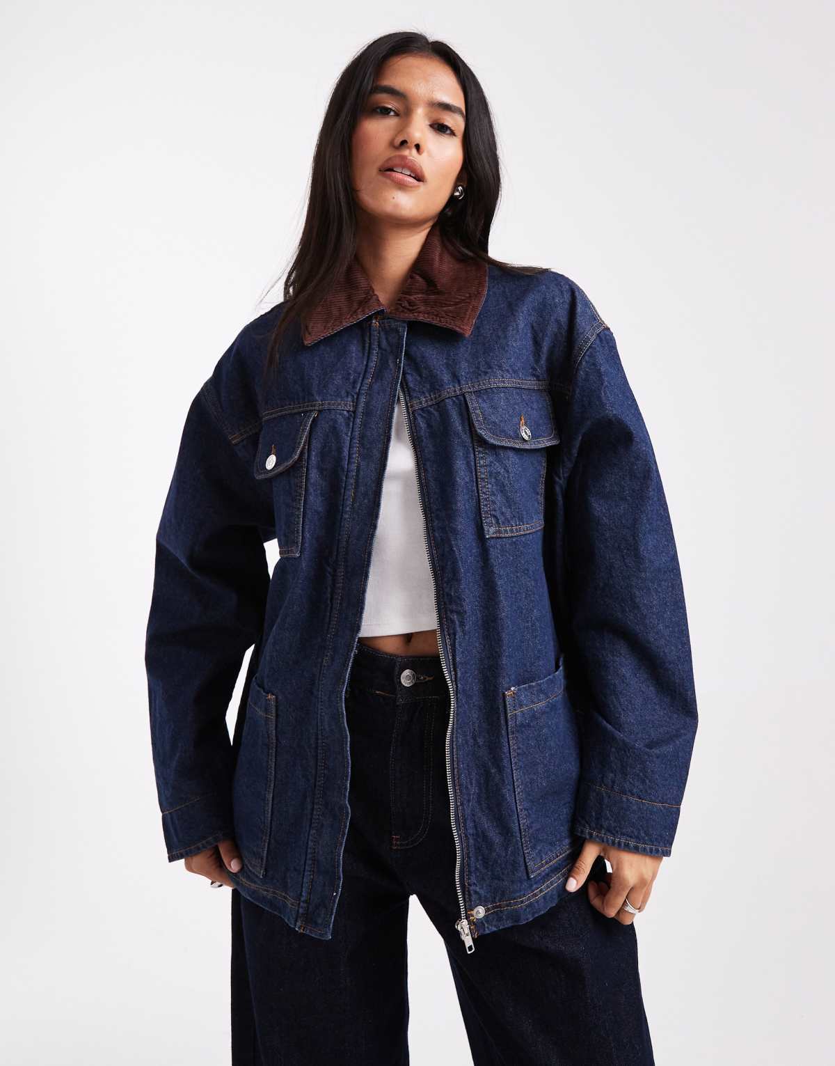 ASOS DESIGN denim barn jacket in rinse with contrast collar