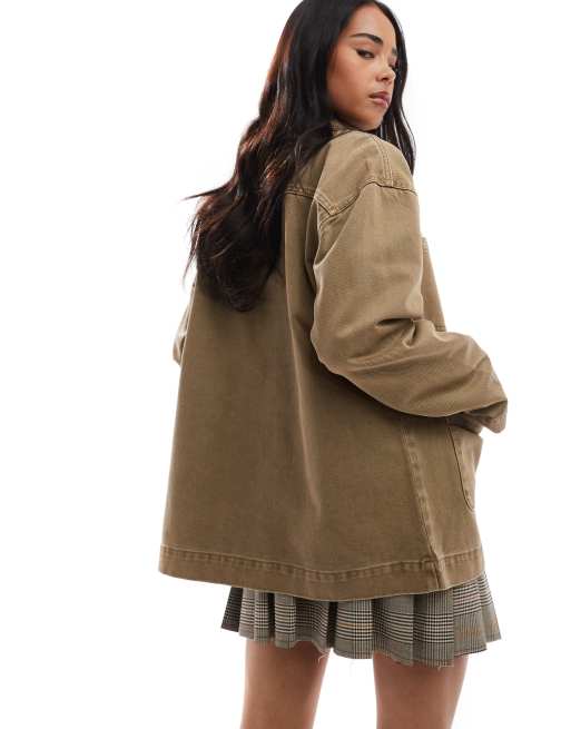 ASOS DESIGN denim barn jacket with contrast collar in brown - part of a set