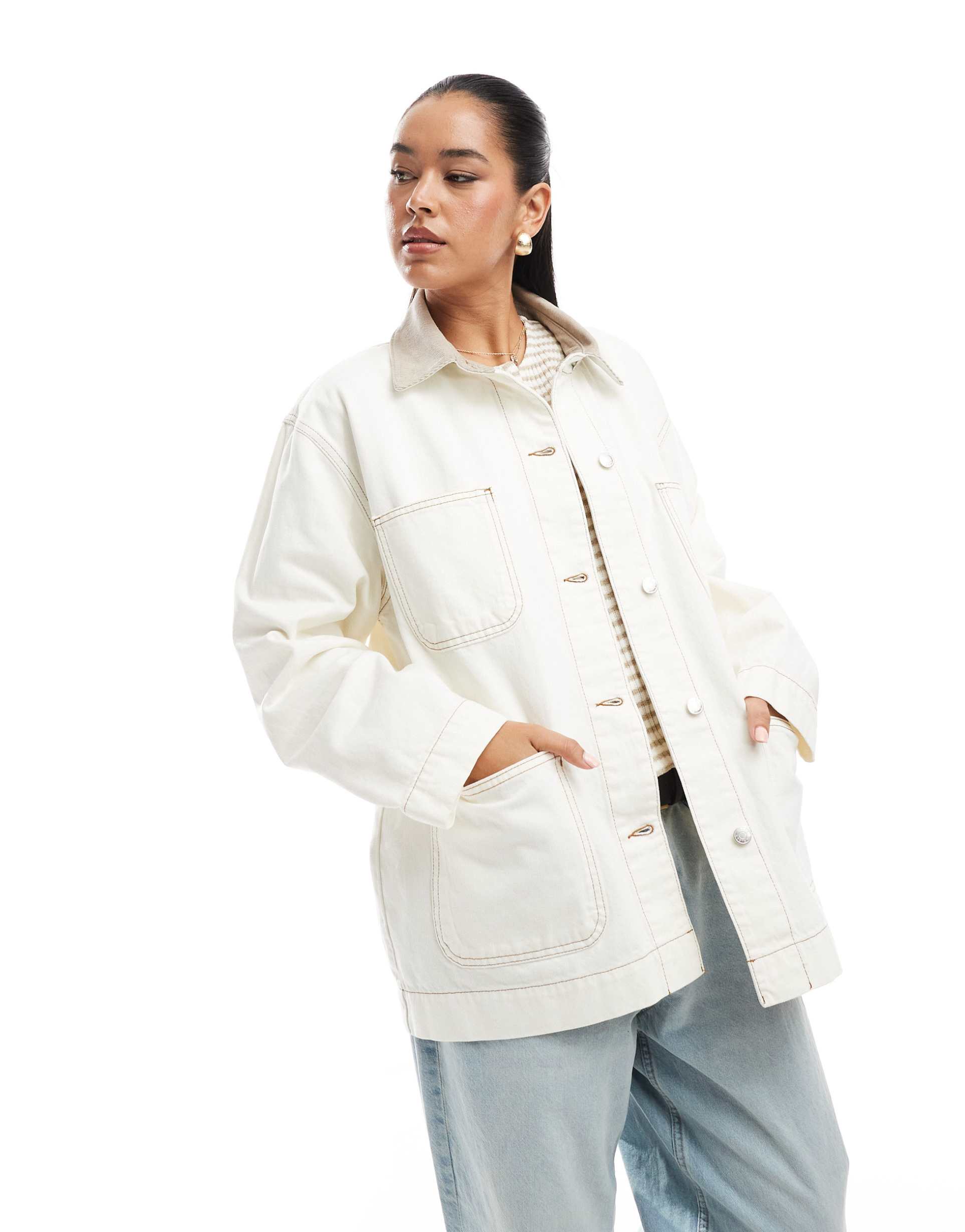 asos design denim barn jacket with contrast collar in ecru