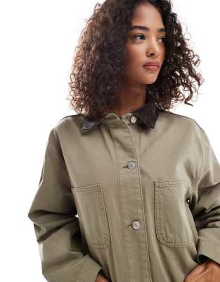 Asos Design Denim Barn Jacket With Contrast Collar