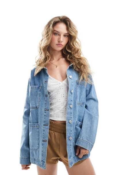 ASOS DESIGN denim barn jacket with contrast collar in midwash blue - view 1