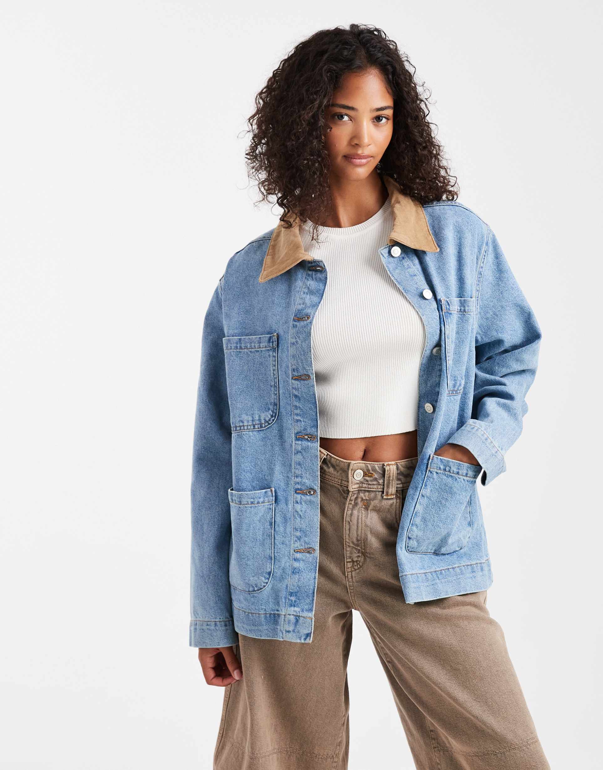 asos design denim barn jacket with contrast collar in midwash blue