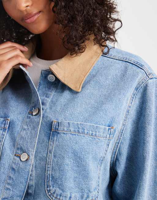 ASOS DESIGN denim barn jacket with contrast collar in midwash blue