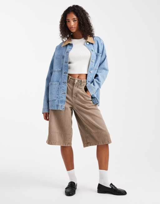 ASOS DESIGN denim barn jacket with contrast collar in midwash blue