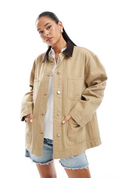 ASOS DESIGN denim barn jacket with contrast collar in stone - view 1