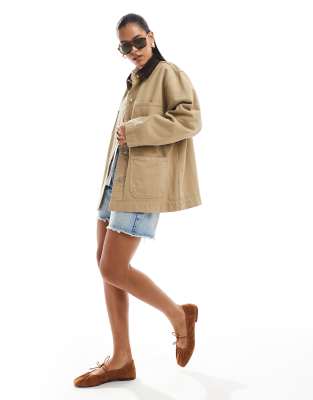 Asos Design Denim Barn Jacket With Contrast Collar