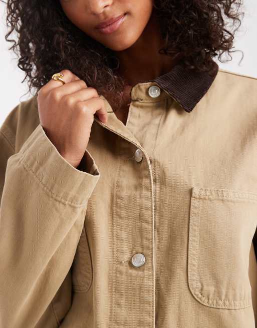 ASOS DESIGN denim barn jacket with contrast collar in stone