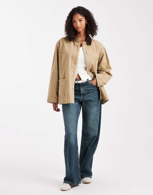 ASOS DESIGN denim barn jacket with contrast collar in stone