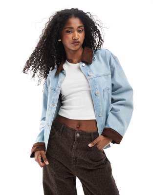 Asos Design Denim Barn Jacket With Contrast Details-blue In Blue