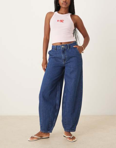 ASOS DESIGN denim barrel jeans with darted hem in mid blue - view 1