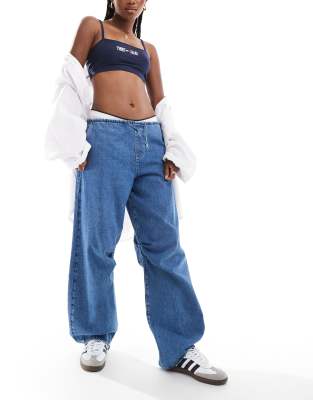 Leyoutx Women Stretch Drawstring High Waisted Jean Loose Wide Leg Baggy Barrel Denim Pants(Small, Blue) At Women's Jeans Store
