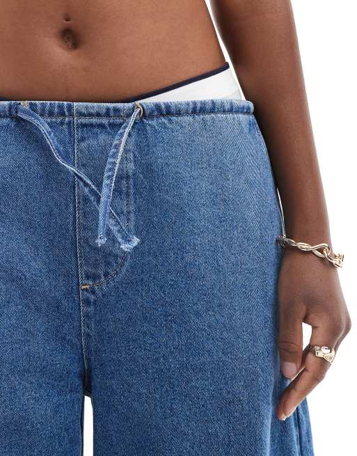 ASOS DESIGN denim barrel leg drawstring jeans in mid blue ASOS