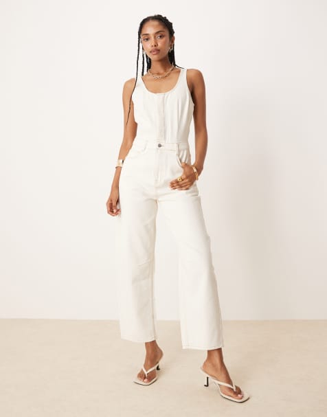 ASOS DESIGN denim barrel leg jumpsuit in ecru - view 1