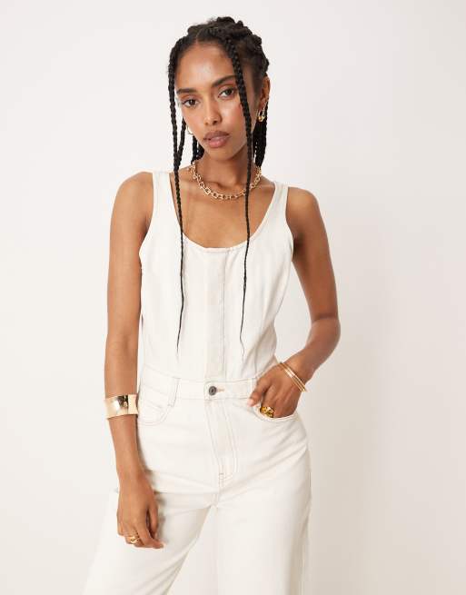 ASOS DESIGN denim barrel leg jumpsuit in ecru