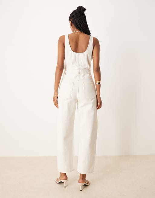 ASOS DESIGN denim barrel leg jumpsuit in ecru