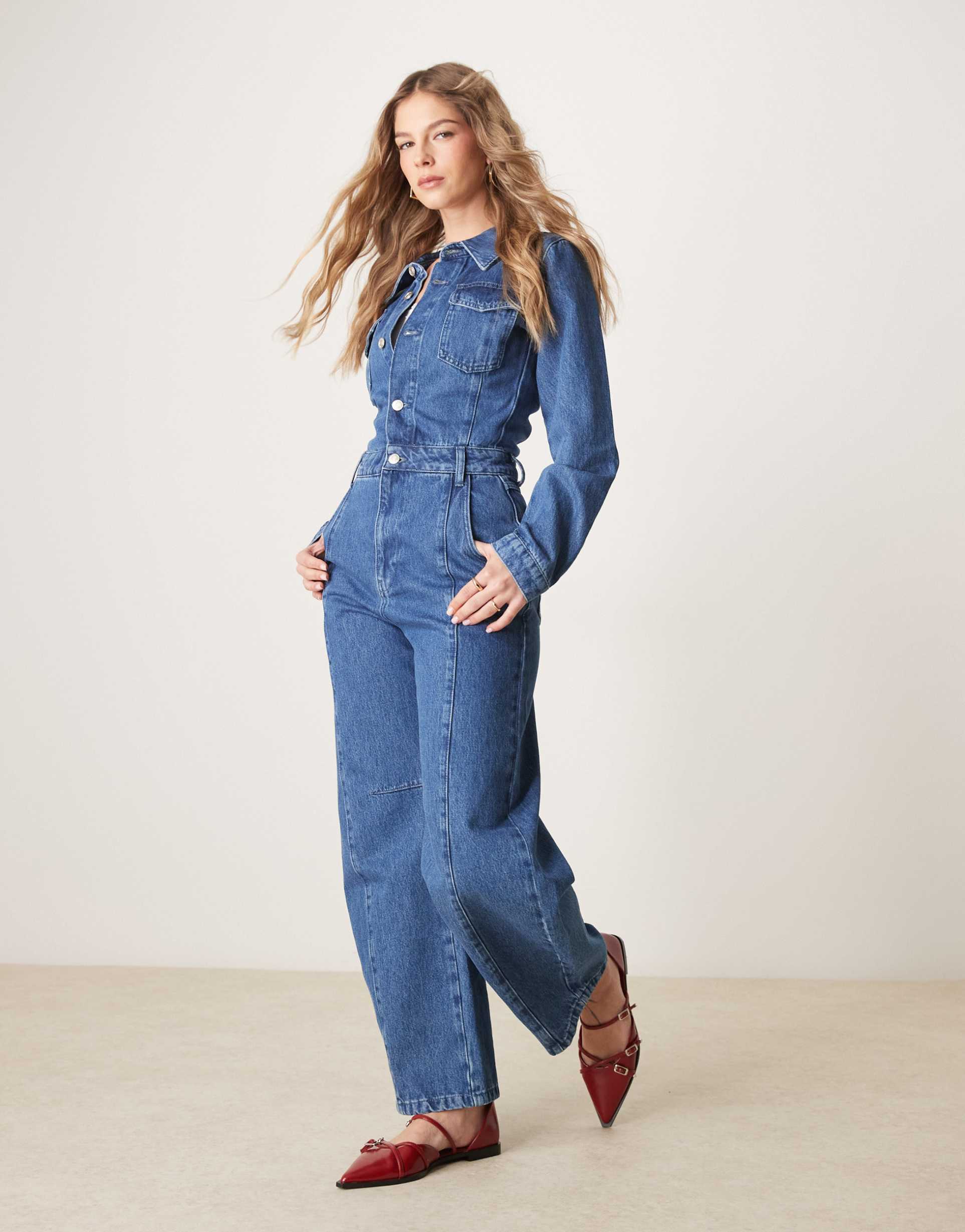 asos design denim barrel leg long sleeve jumpsuit in indigo