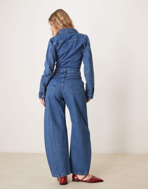 ASOS DESIGN denim barrel leg long sleeve jumpsuit in indigo
