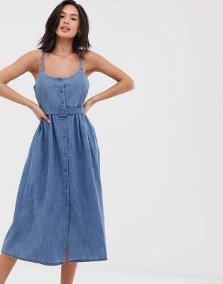 belted denim midi dress