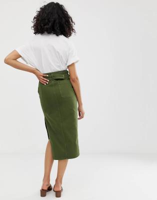 khaki denim midi skirt