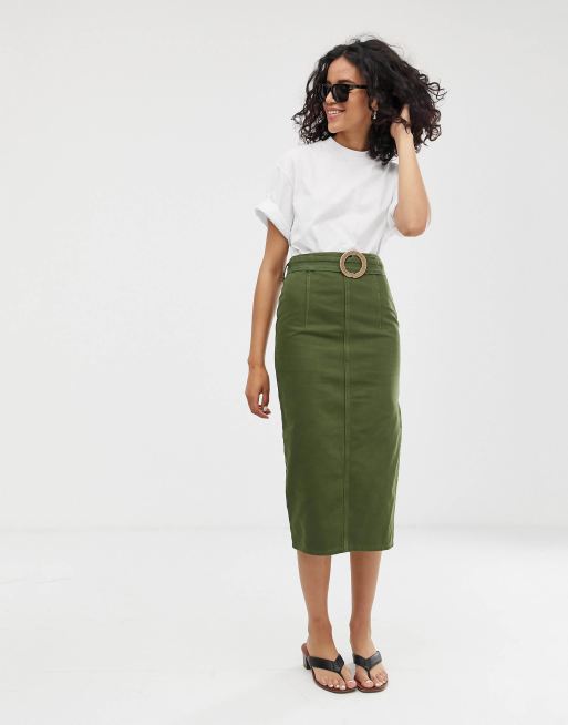 Khaki denim skirt midi sale