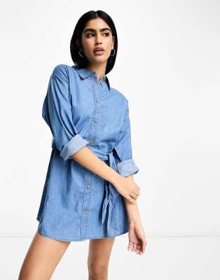 Asos Design Denim Belted Shirt Dress In Midwash-blue