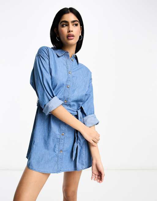 ASOS DESIGN denim belted shirt dress in midwash