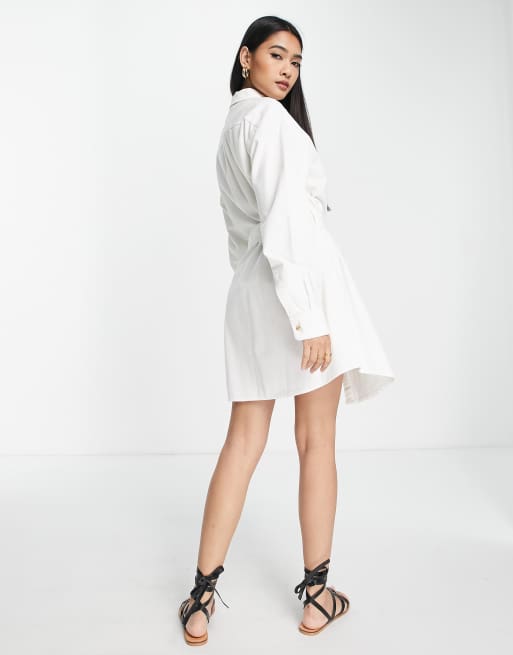 ASOS DESIGN denim belted shirt dress in white