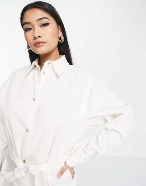 ASOS DESIGN denim belted shirt dress in white