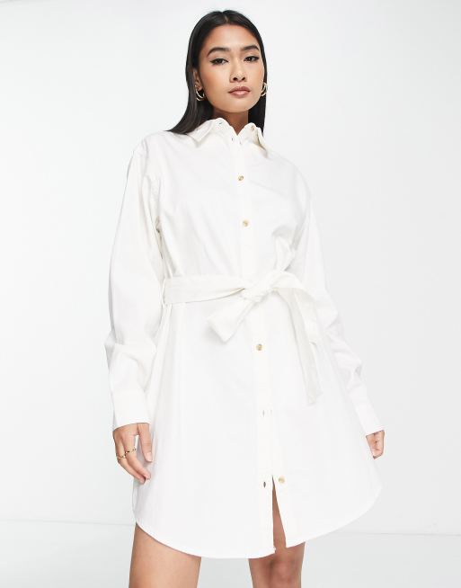 ASOS DESIGN denim belted shirt dress in white