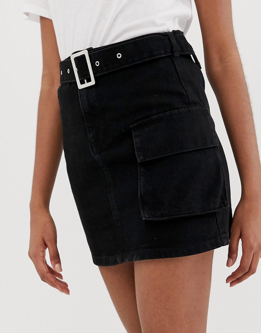 ASOS DESIGN denim belted utility mini skirt with pocket detail-Black