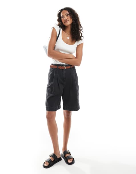 ASOS DESIGN denim bermuda short with belt in black - view 1
