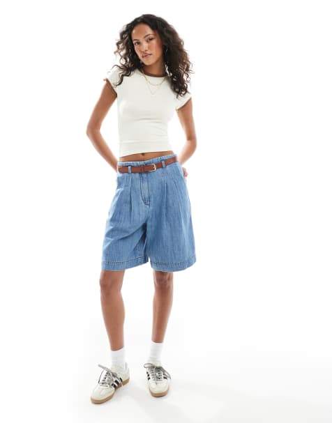 ASOS DESIGN denim bermuda short with belt with linen in midwash blue - view 1
