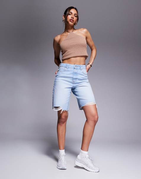 ASOS DESIGN denim bermuda short with rips in pale wash - view 1