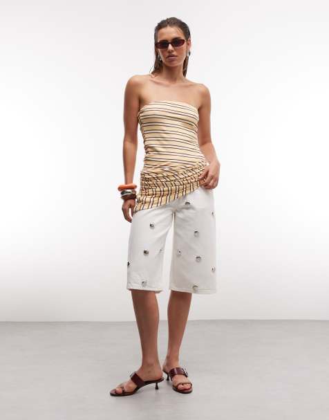 ASOS DESIGN denim bermuda short with silver stud detail in white - view 1