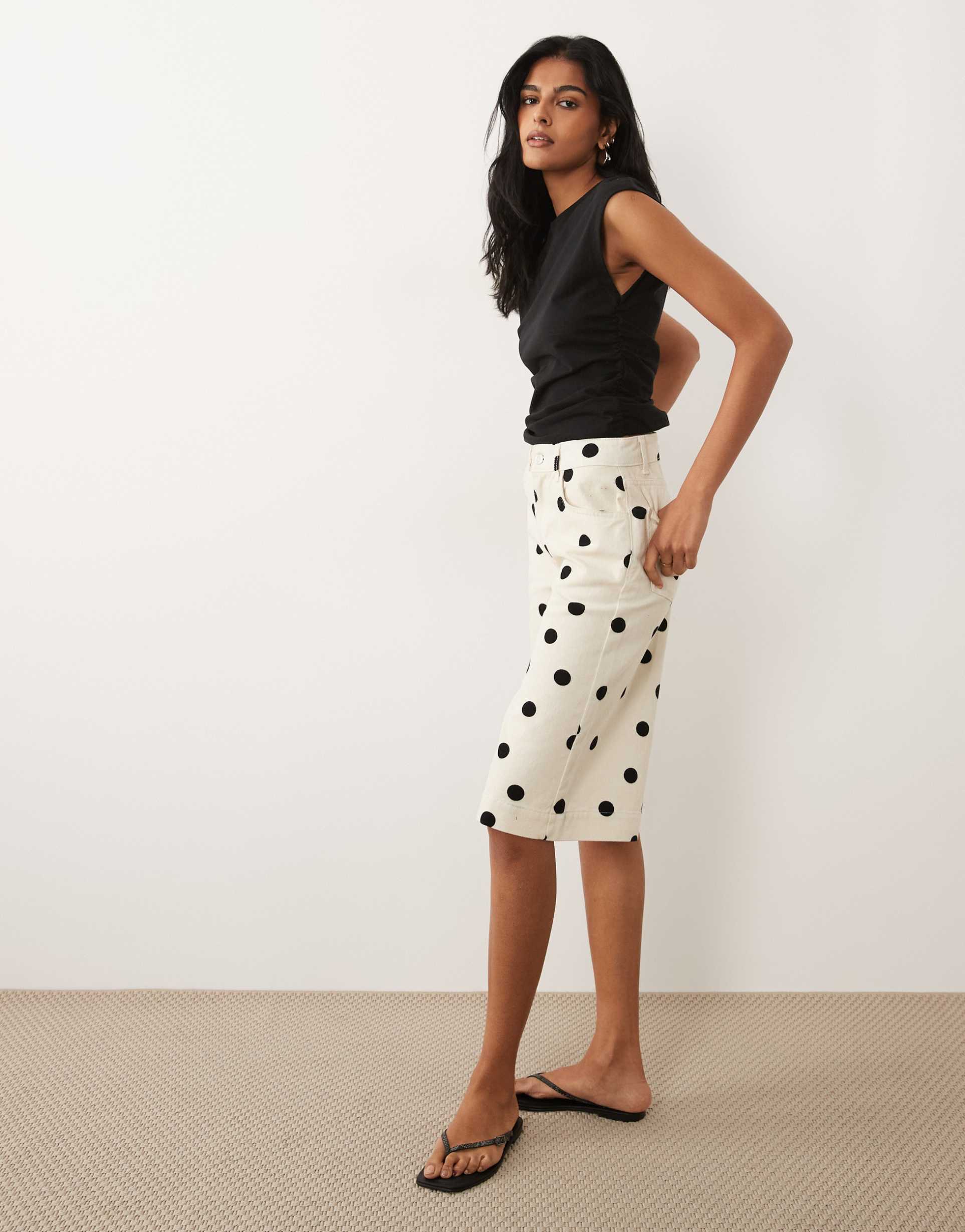 asos design denim bermuda shorts in cream polka dot