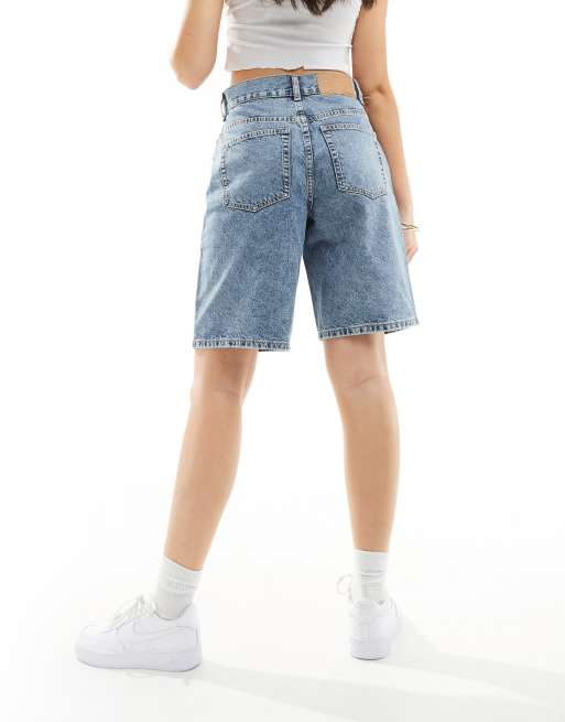ASOS Design Denim Bermuda Shorts in Mid Wash Blue