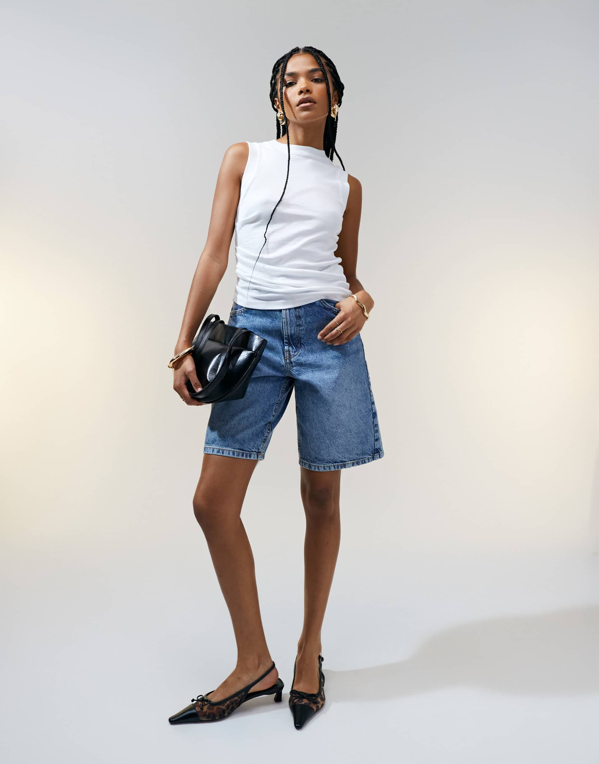 asos design denim bermuda shorts in midwash blue