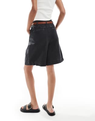 ASOS DESIGN denim bermuda shorts with belt in black