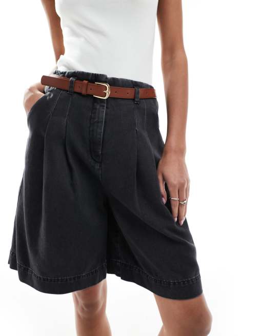 ASOS DESIGN denim bermuda shorts with belt in black