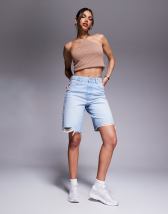ASOS DESIGN denim dad shorts in light wash blue