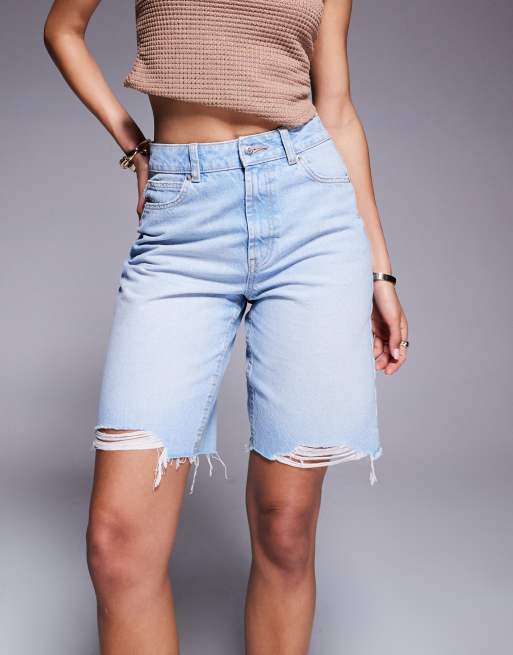 ASOS DESIGN denim bermuda shorts with rips in pale wash