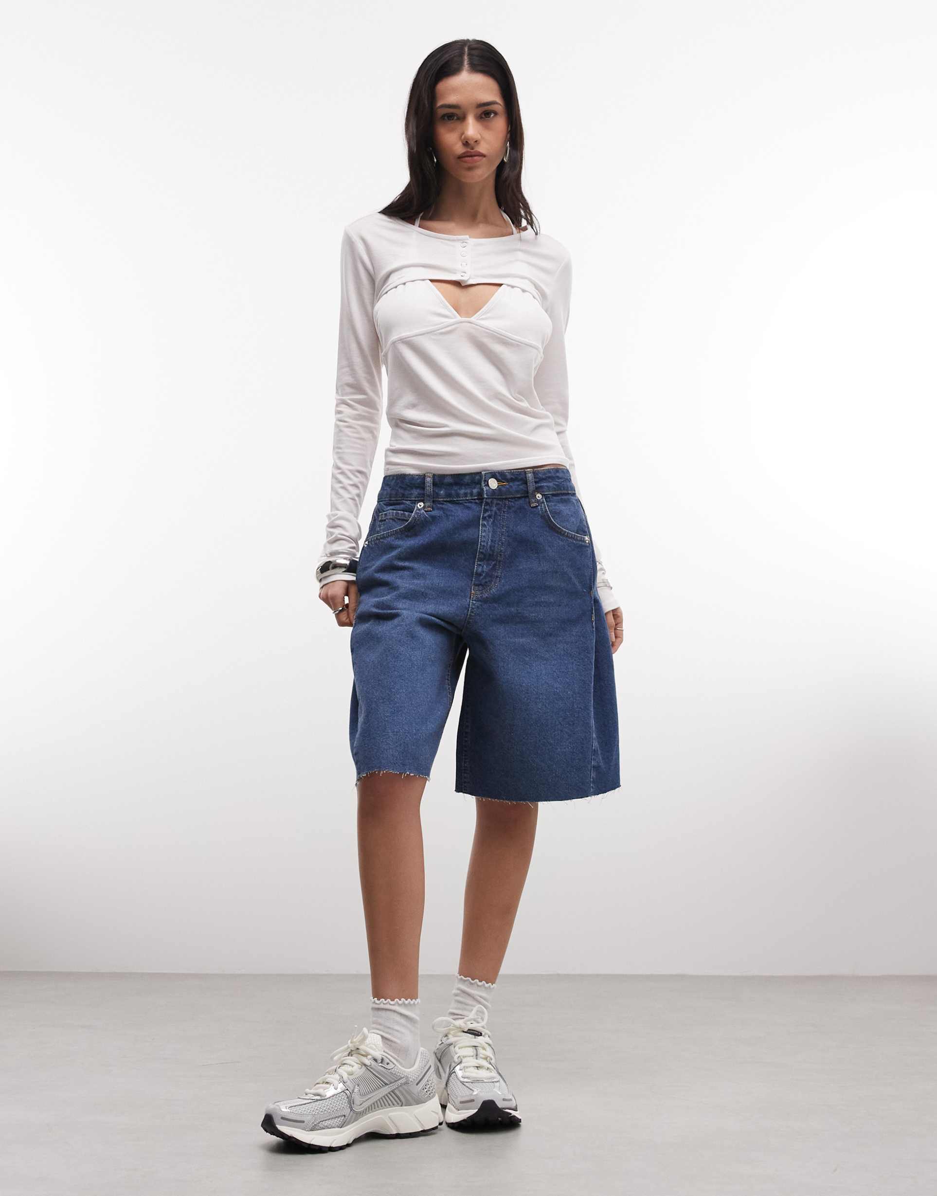 asos design denim bermuda shorts with side-pleat detailing in dark mid blue