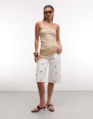 ASOS DESIGN denim bermuda shorts with silver stud detail in white