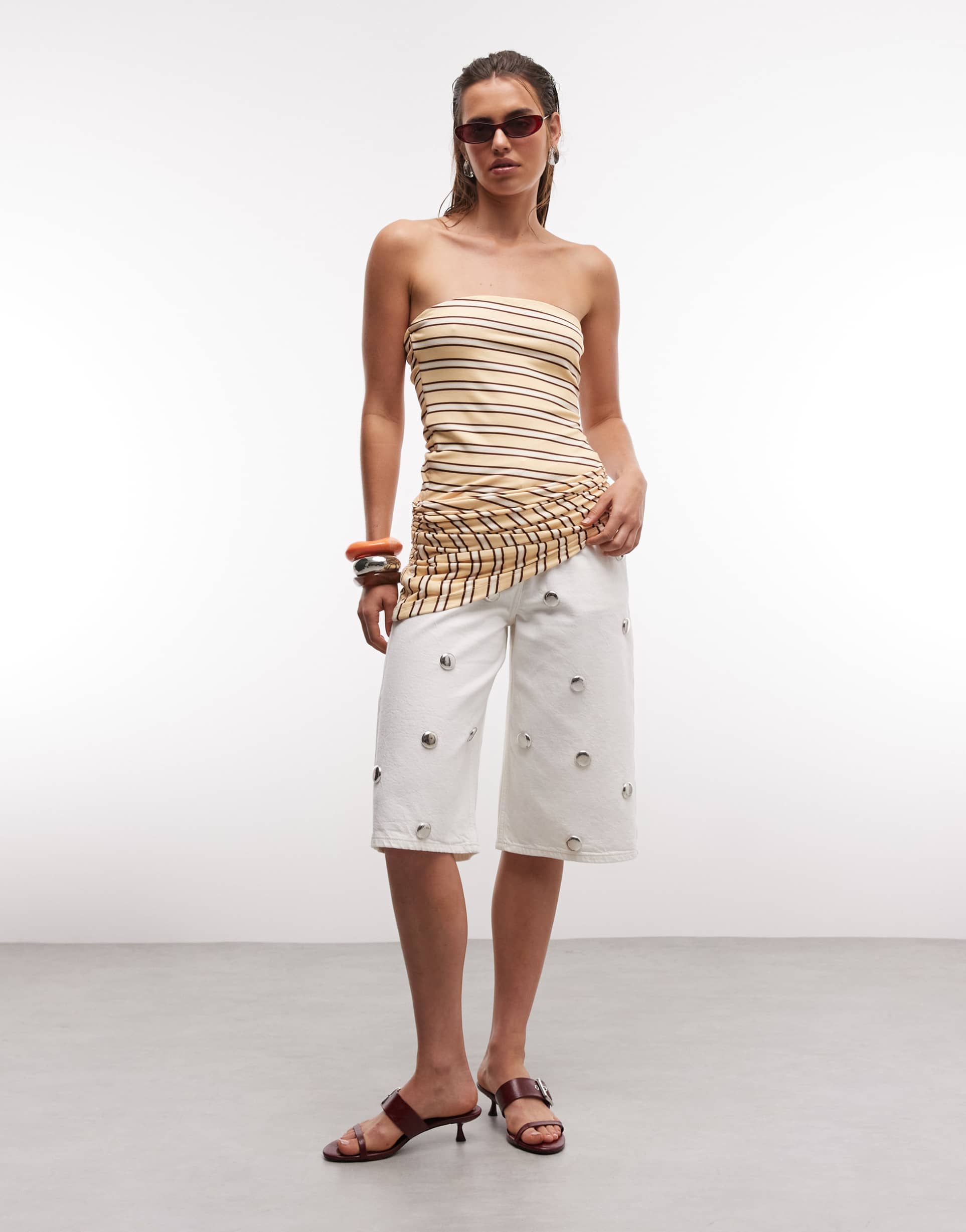 asos design denim bermuda shorts with silver stud detail in white