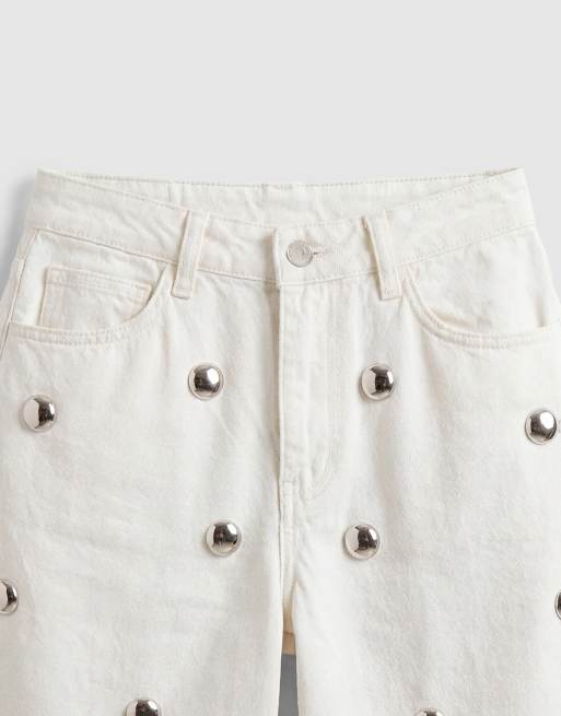 ASOS DESIGN denim bermuda shorts with silver stud detail in white, 9 of 9