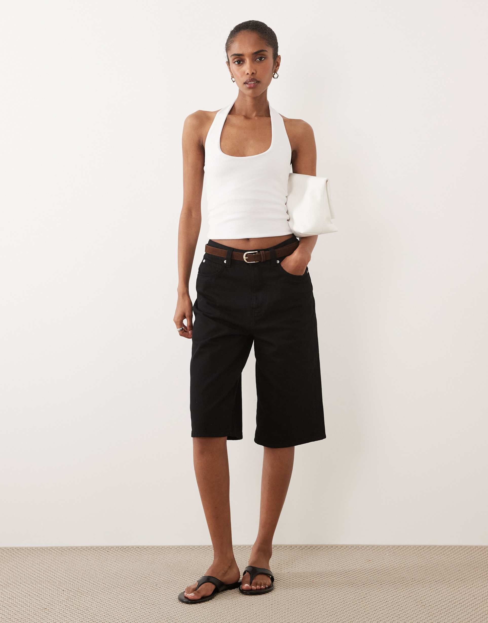 asos design denim bermuda shorts with suede belt detail in black